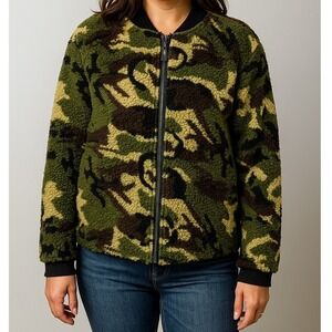 Sanctuary Green Camoflauge Zip Up Fleece Jacket Lined‎ Medium